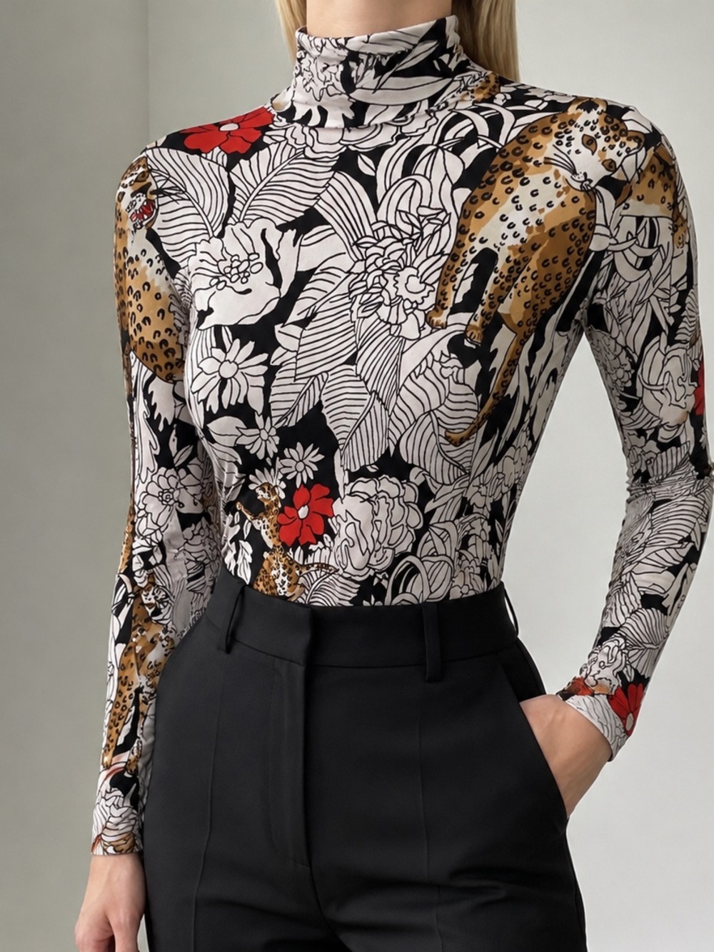 Queen’s Way Vintage Leopard Floral Bodysuit Long Sleeve Jungle Print Size Large
